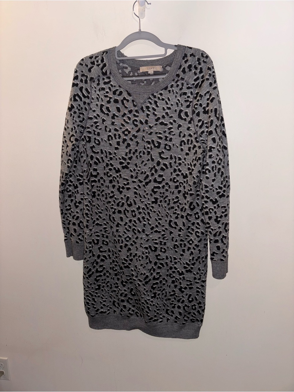 LOFT Gray and Black Leopard-Print Long Sleeve Knit Dress